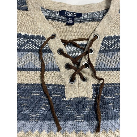 Chaps Ladies Large Sweater Blue  Tan Pullover Striped Neckline Crisscross Tie - Picture 3 of 10